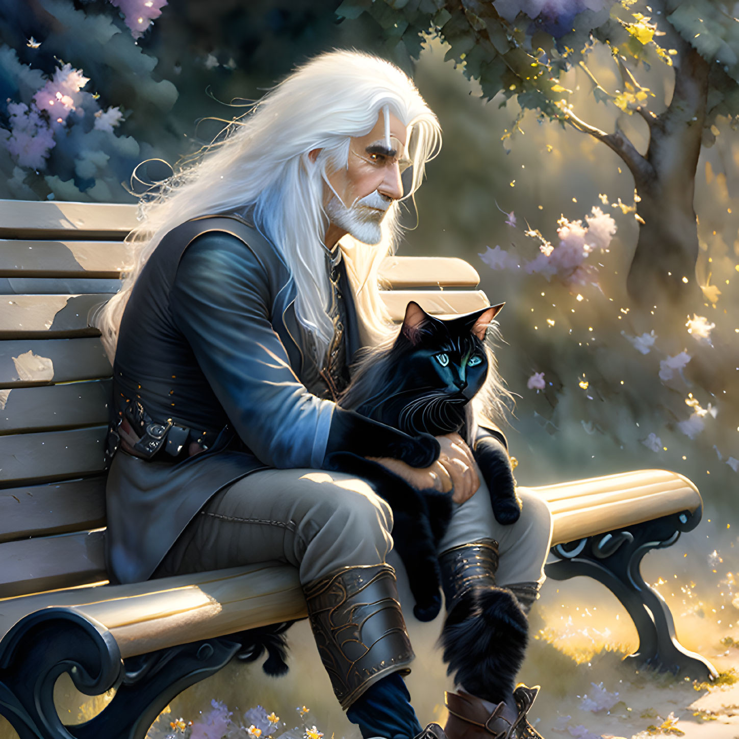 Elderly man in medieval attire with white hair and black cat under blooming tree