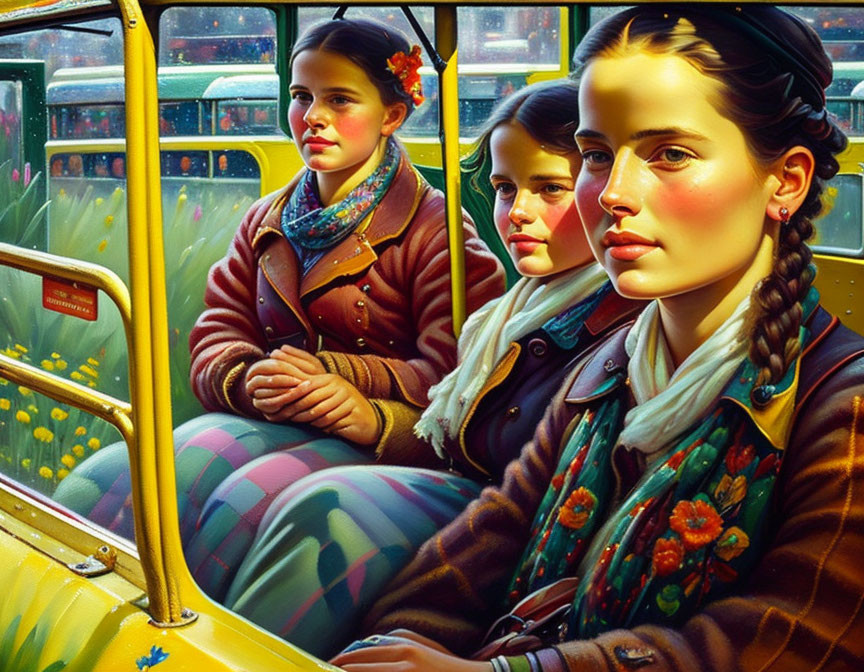 Three young girls on a colorful bus with floral patterns under sunlight.