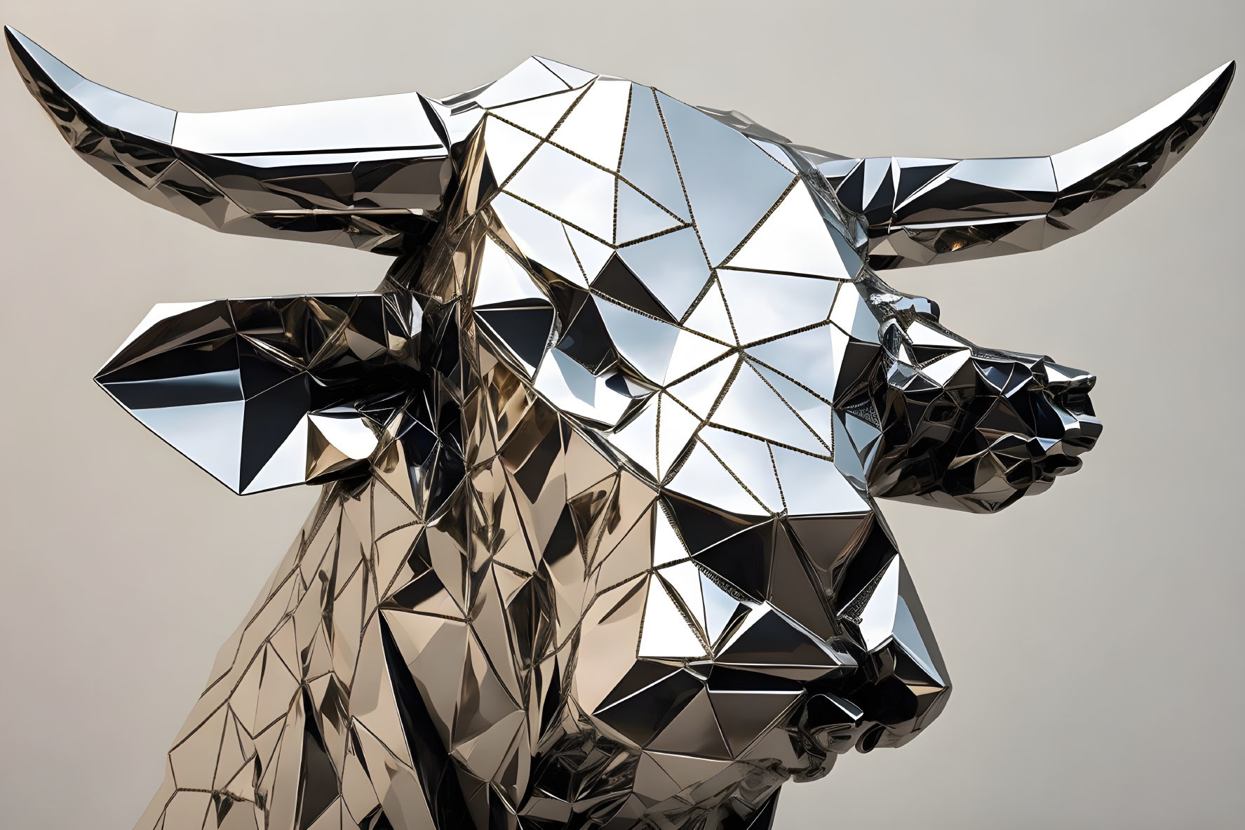 Geometric Bull Sculpture with Angular Facets on Grey Background