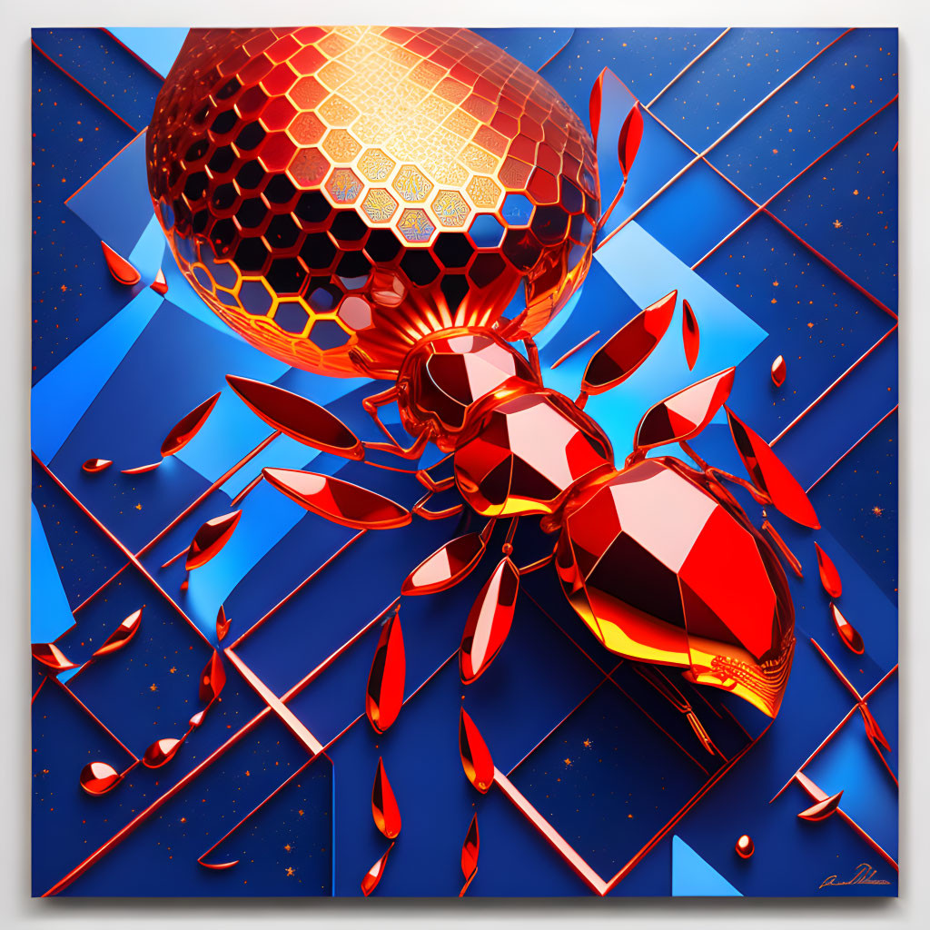 Stylized red ant under disco ball with geometric shapes and starry background