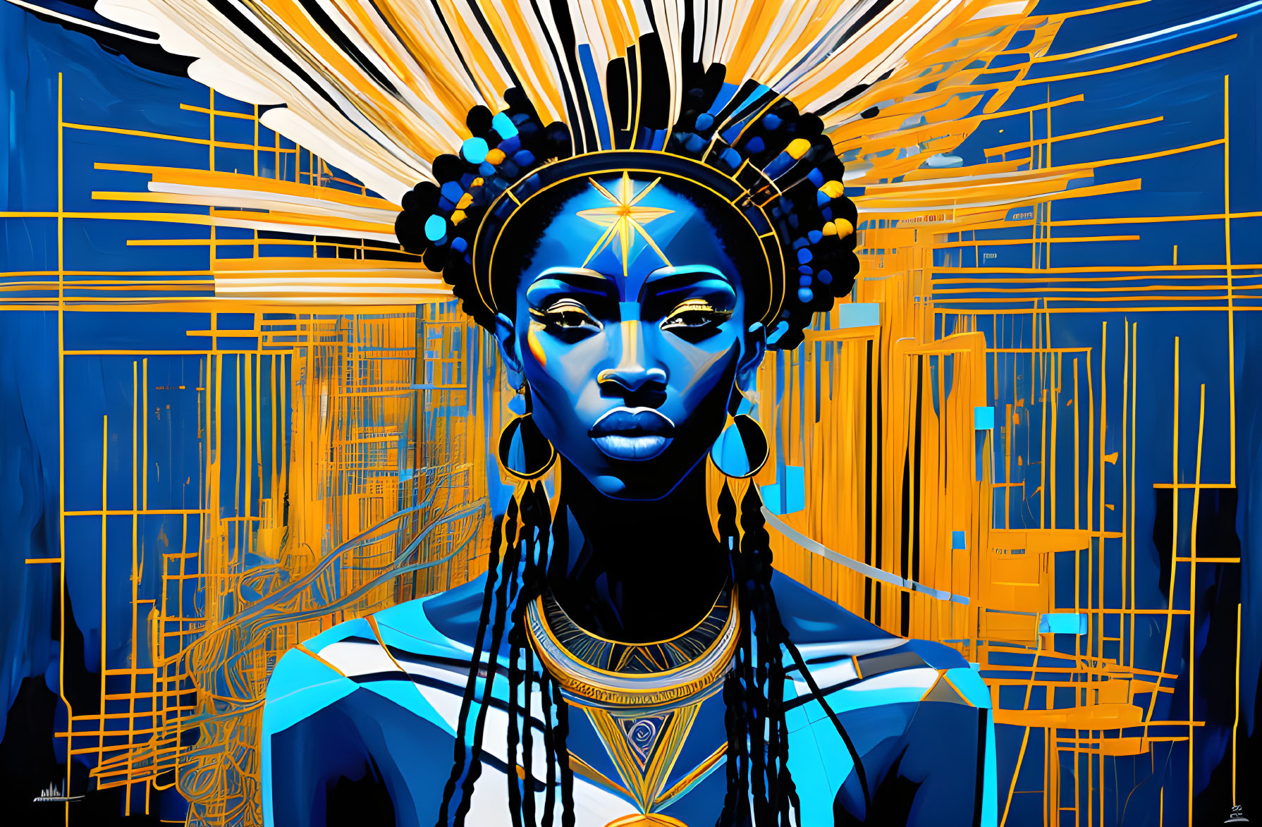 Colorful digital artwork: stylized woman with elaborate headdress and jewelry on blue and gold abstract background