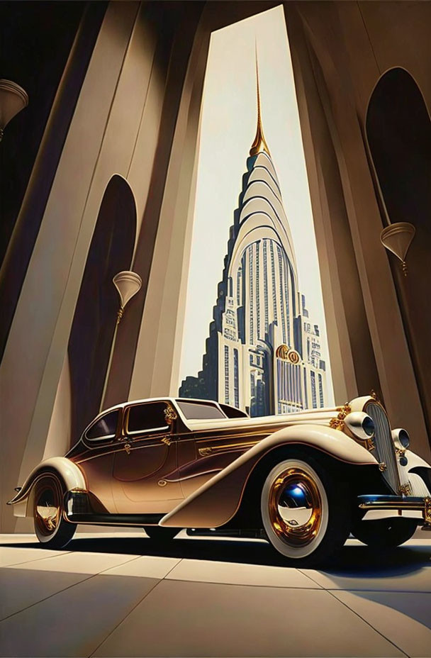 Vintage luxury car in front of art deco skyscraper with elegant arches