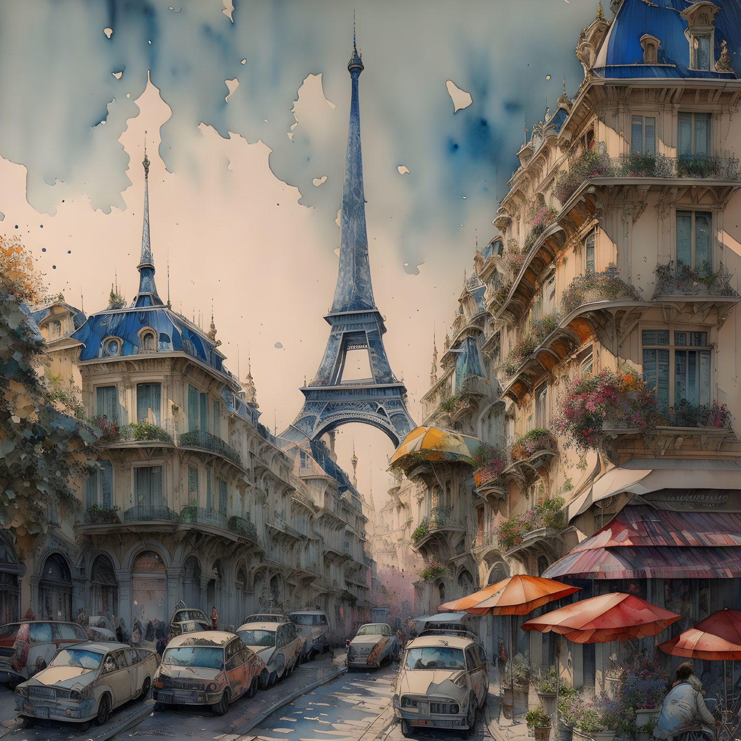 Parisian Street Scene with Eiffel Tower and Traditional Buildings