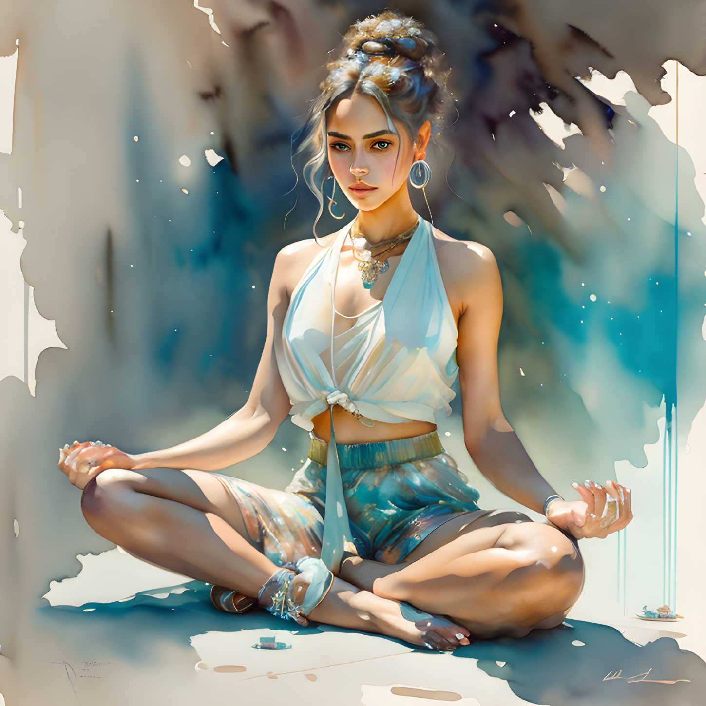 Digital painting: Woman in meditative pose with elegant attire and jewelry