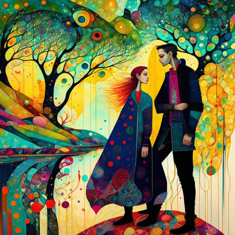 Colorful illustration: Man and woman embrace under vibrant, whimsical tree