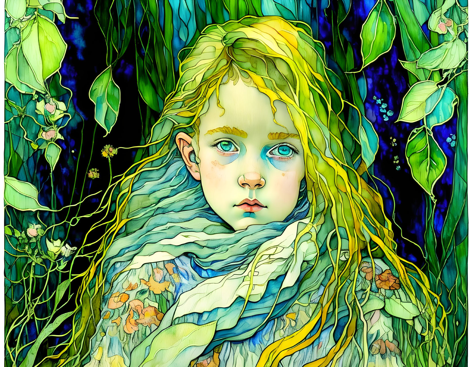 Vibrant illustration of blonde child in stained glass style