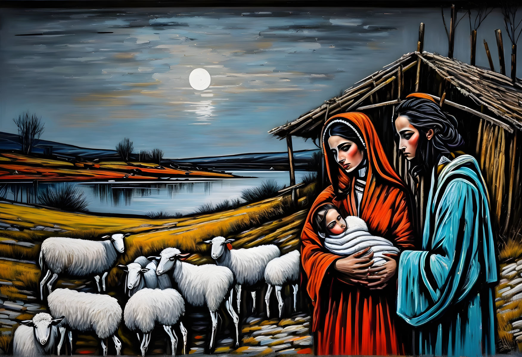 Stylized nativity scene painting with Mary, Joseph, baby Jesus, sheep, and night landscape