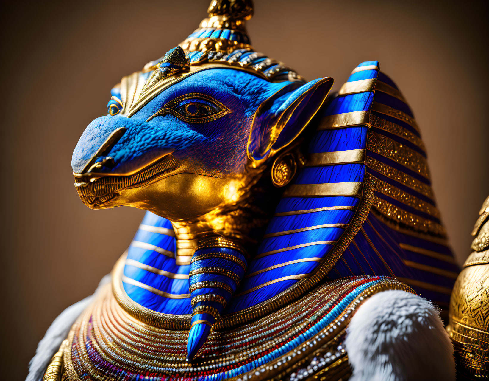 Egyptian statue of deity with ram's head in vibrant blue and gold against blurred backdrop.