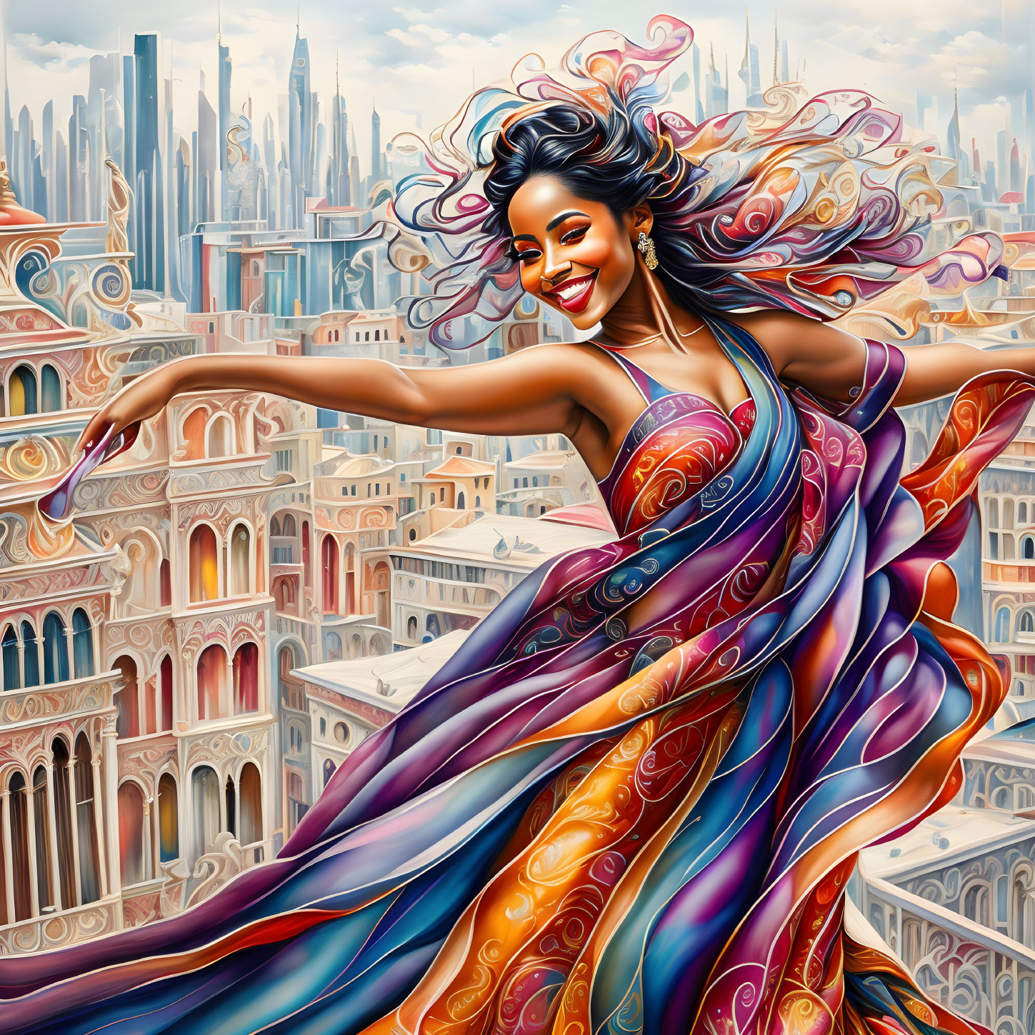 Colorful illustration: Joyful woman dancing in vibrant dress with futuristic cityscape background