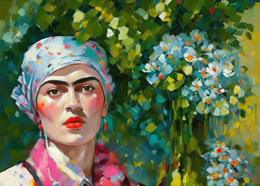 Vibrant painting of stern woman in headscarf amidst green foliage