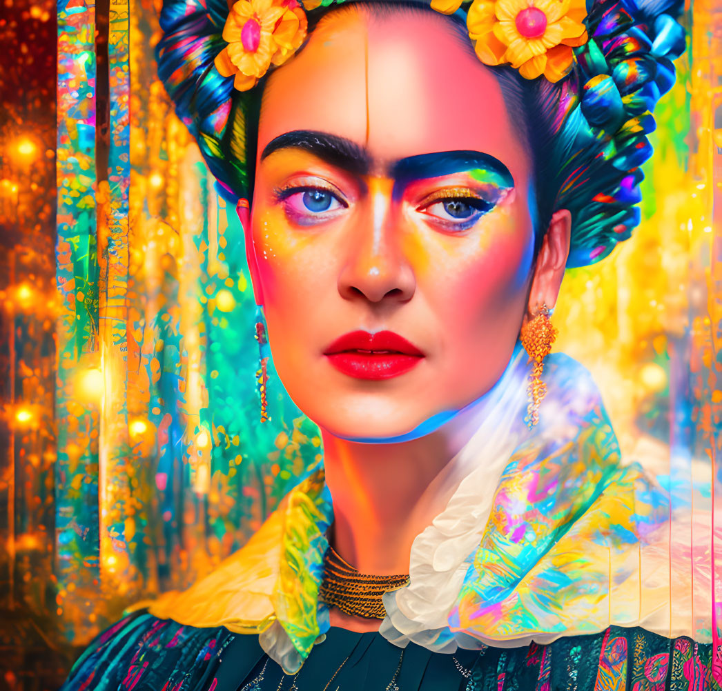 Colorful portrait of woman with floral hair accessories and striking eyebrows in traditional attire against luminous backdrop