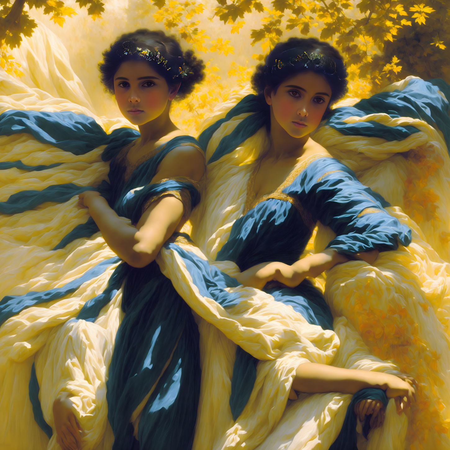 Two women with laurel wreaths against golden leaves backdrop in yellow and blue robes