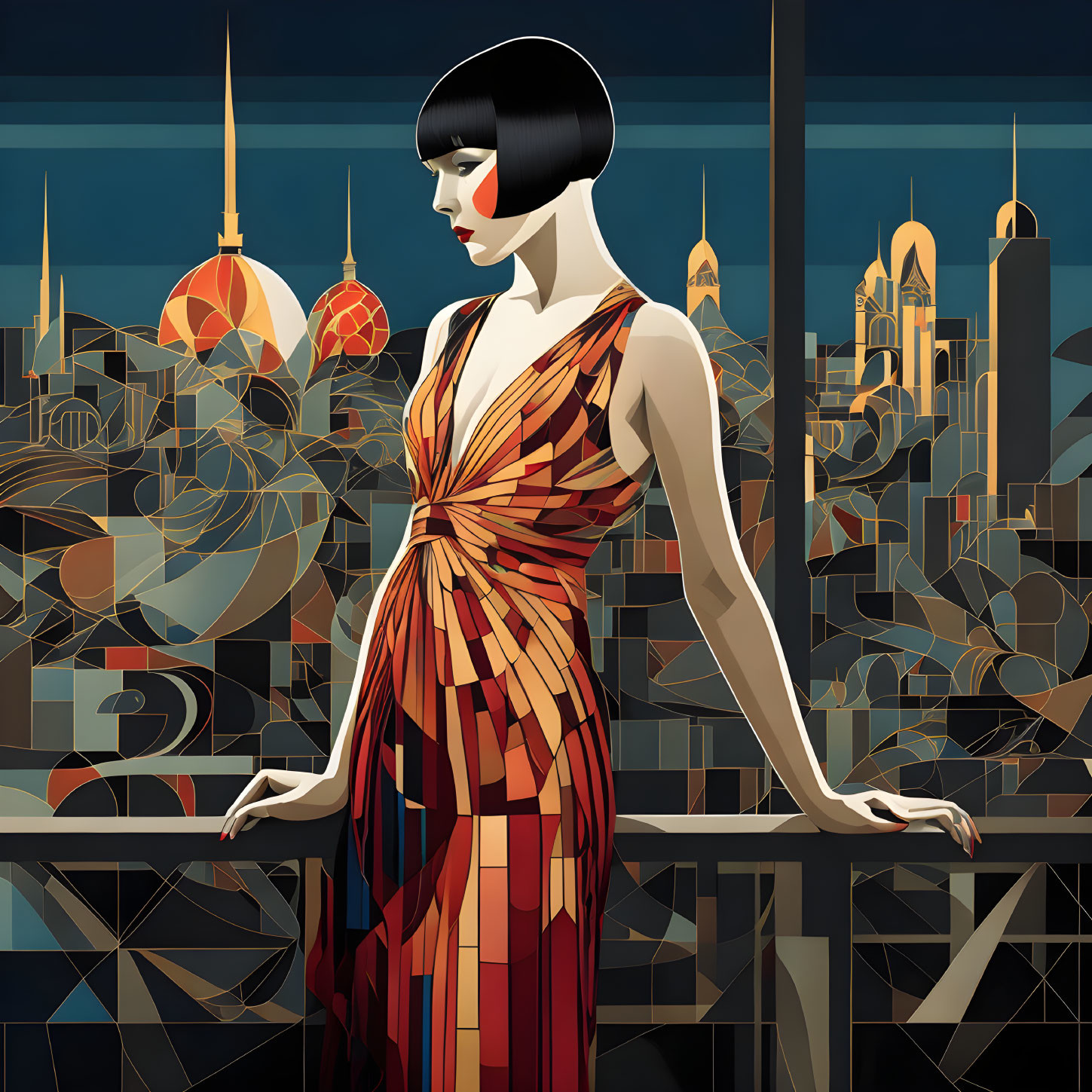 Colorful dress woman with bobbed hair in futuristic cityscape illustration