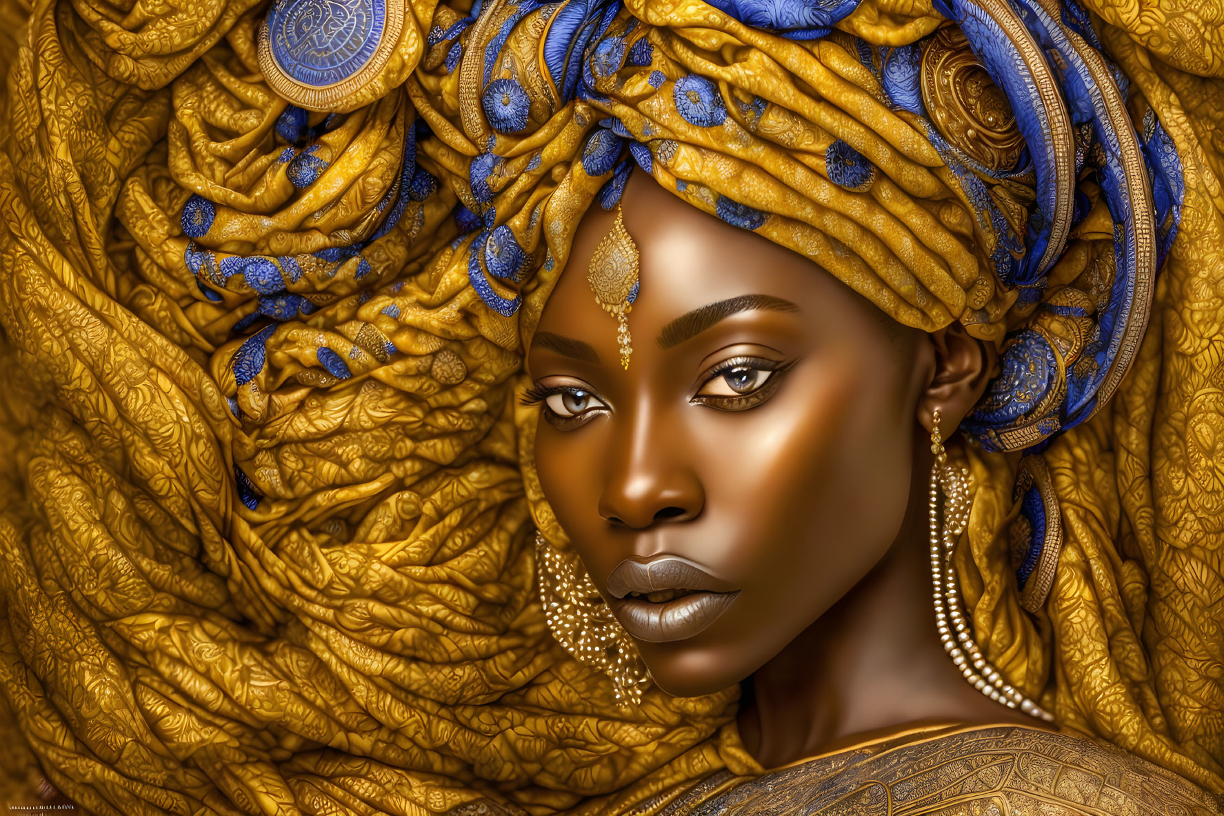 Golden-skinned woman in blue and gold headwrap and jewelry with serene expression