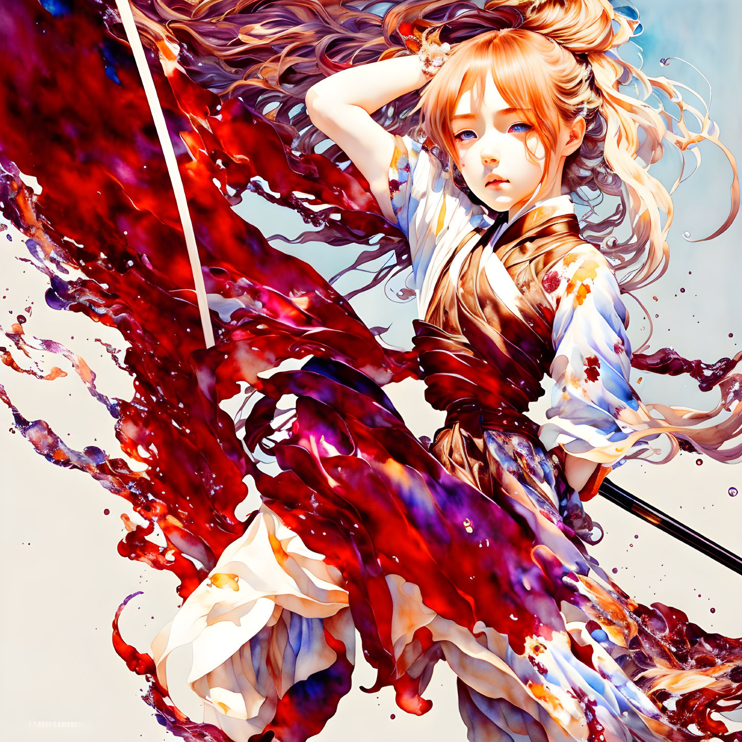 Anime-style illustration of girl in kimono with flowing hair in swirling red liquid.