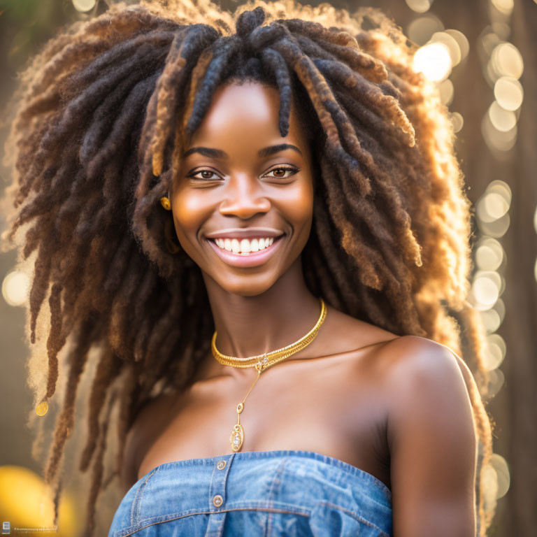 Young woman with voluminous dreadlocks in denim top and gold necklace, smiling against blurred bokeh background