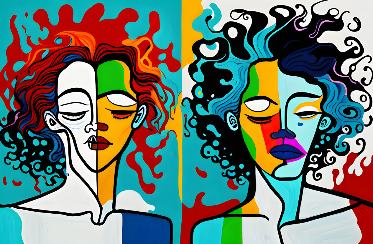 Colorful Abstract Portraits: Vibrant hues, swirling hair, closed eyes, and serene expressions divided