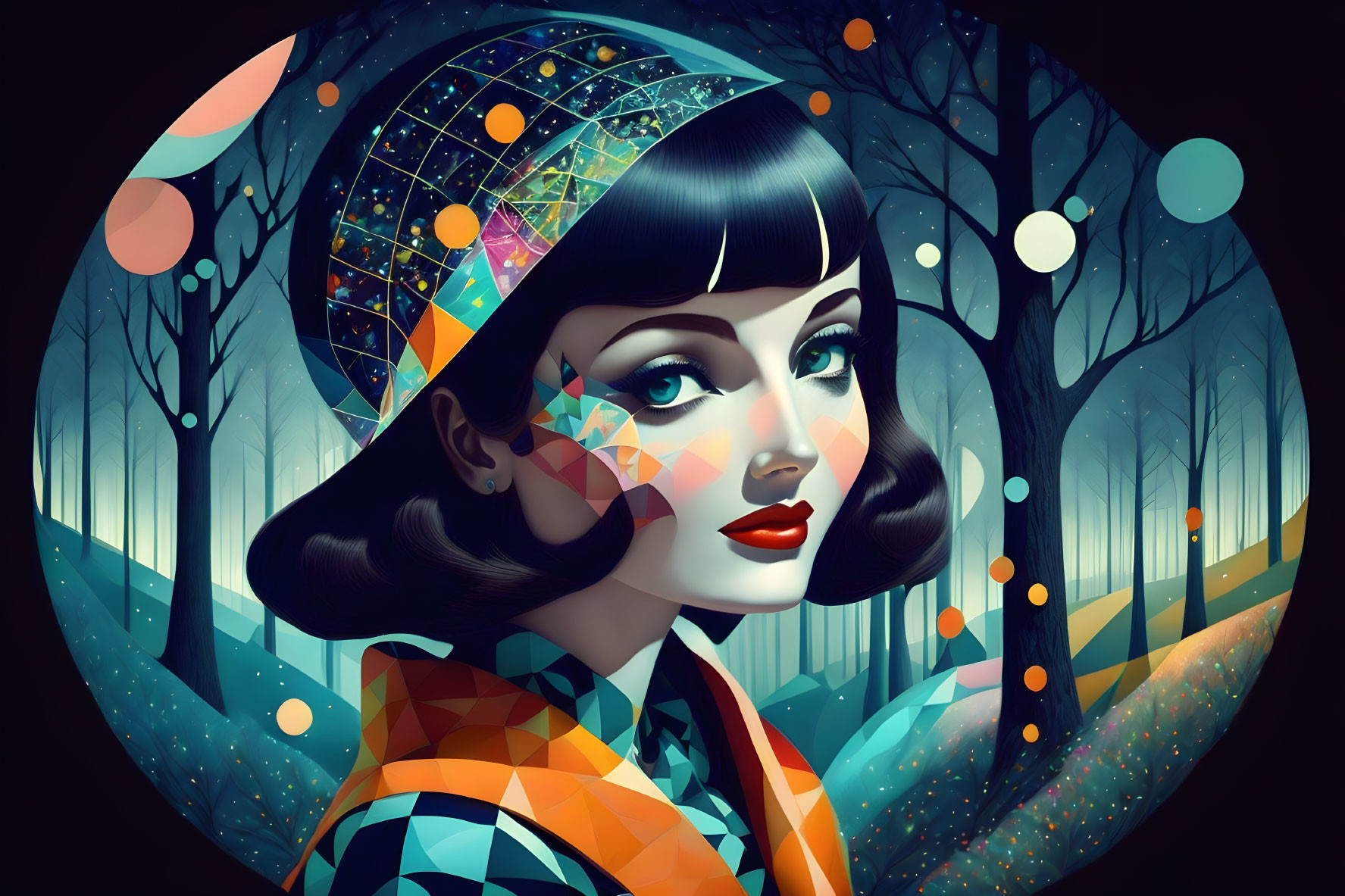 Geometric-patterned woman in vibrant forest scenery