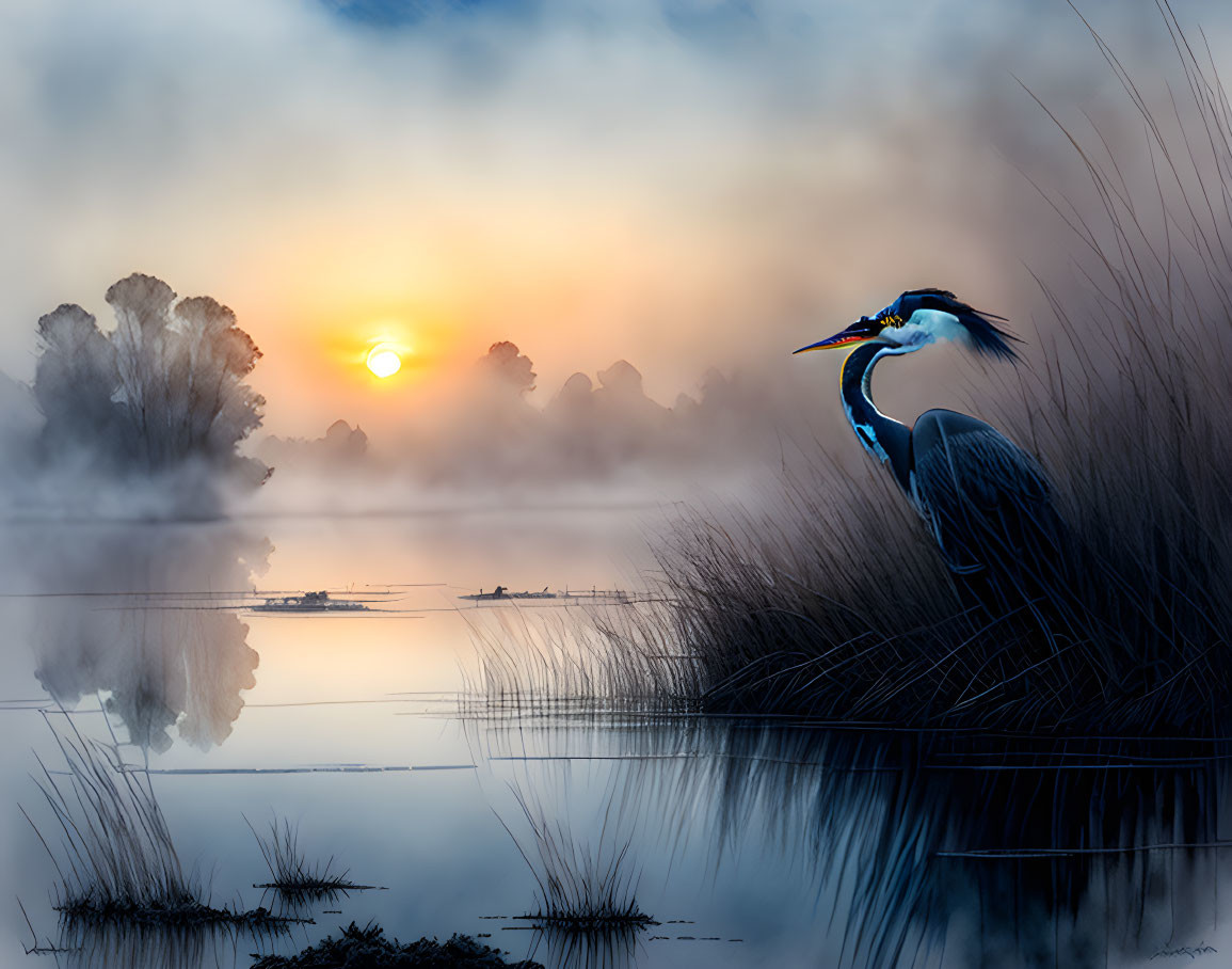 Great Blue Heron by Misty Lake at Sunrise with Tree Silhouettes