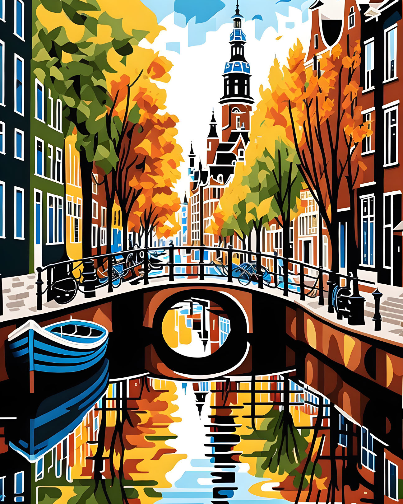 Vibrant Amsterdam canal scene with bridge, bicycles, boat, autumn trees, and Dutch architecture