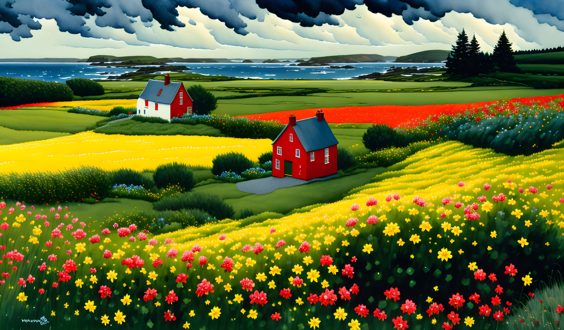 Vibrant red and yellow flower fields with two houses, lush greenery, ocean backdrop