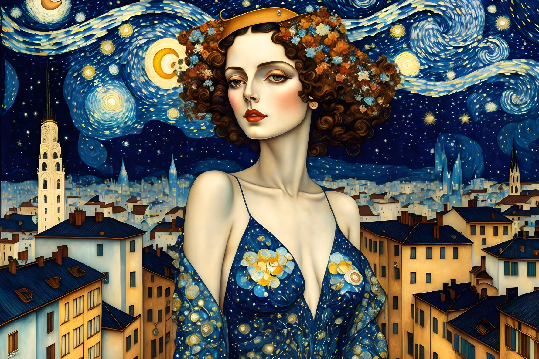 Woman with starry night sky hair & flower crown in front of Van Gogh-inspired cityscape