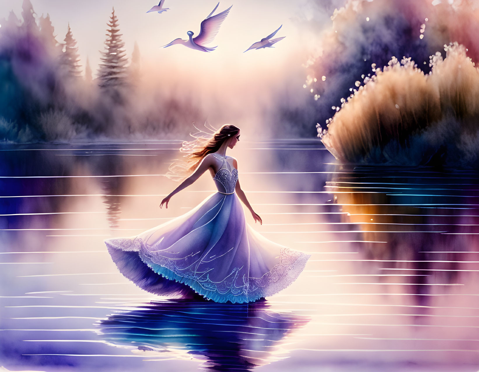 Woman in elegant dress gliding over tranquil waters at dusk