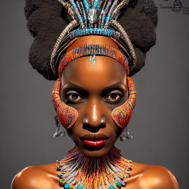 Woman with Striking Makeup, Ornate Jewelry, Traditional Headdress on Gray Background