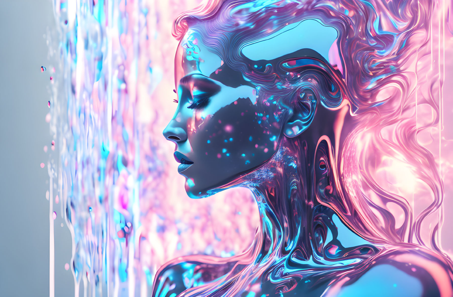 Iridescent Woman with Liquid Threads in Blue-Pink Spectrum