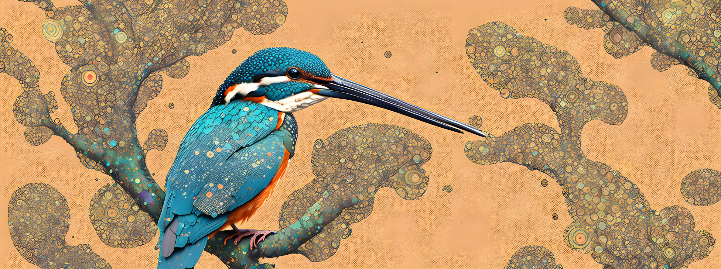 Stylized kingfisher bird on abstract orange background