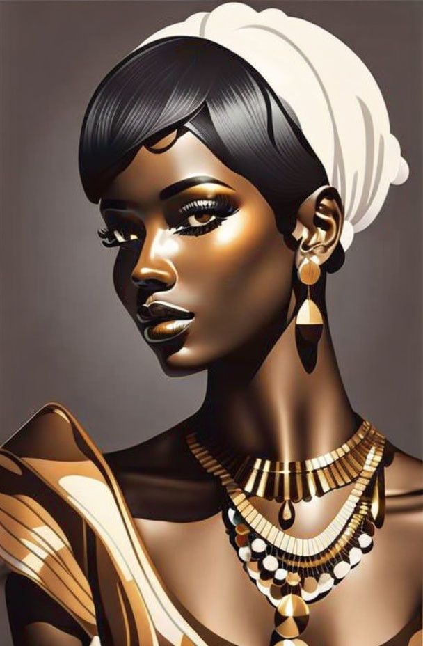 Illustrated portrait of dark-skinned woman in gold jewelry and white headscarf on grey backdrop