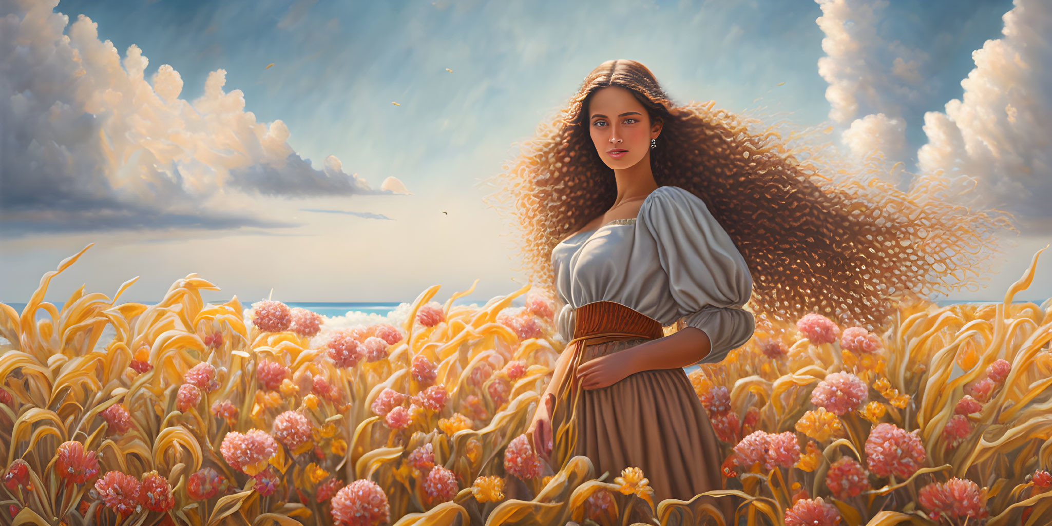 Woman in Wheat Field with Sunlit Sky and Sea View