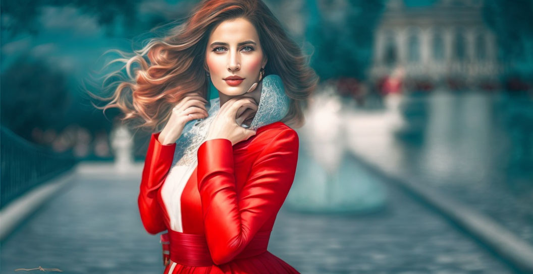 Digital artwork: Woman with red hair in red dress against park background