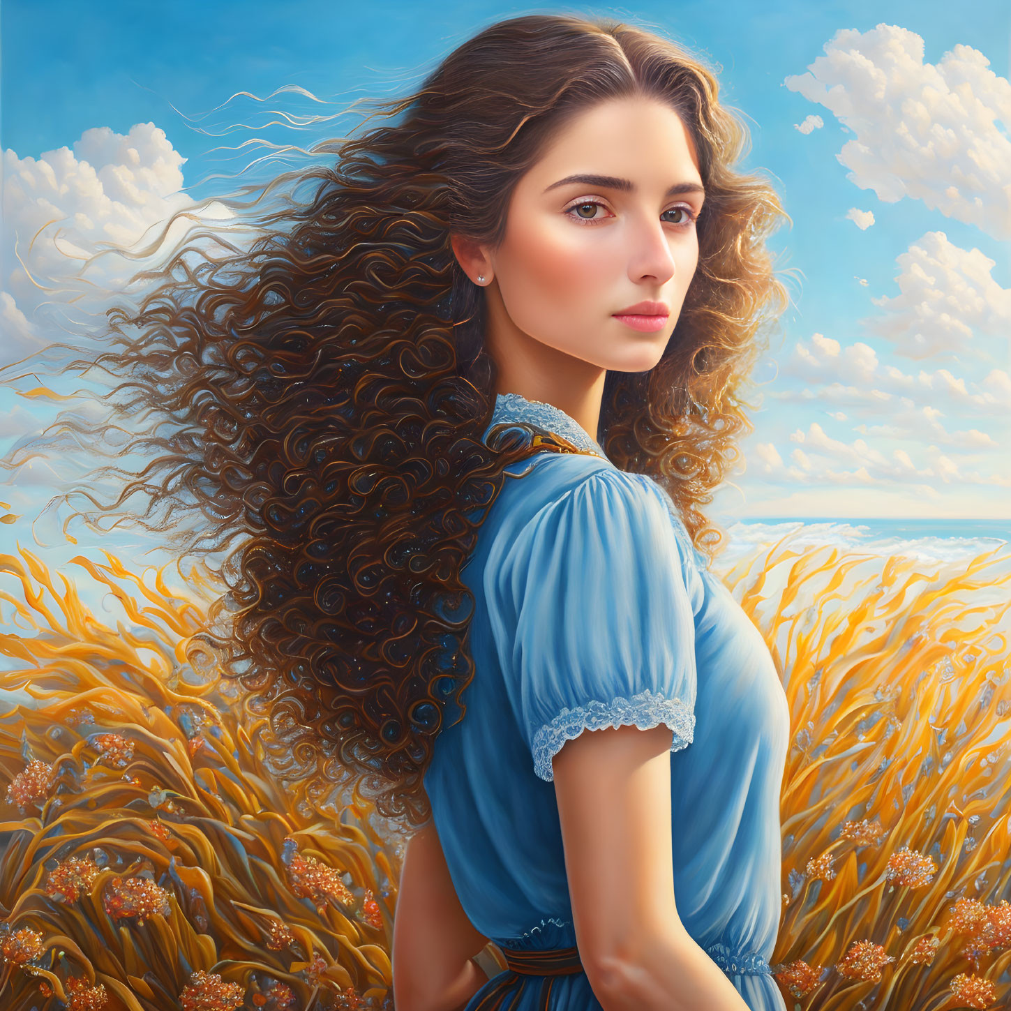 Woman with long curly hair in blue dress in golden wheat fields under blue sky.