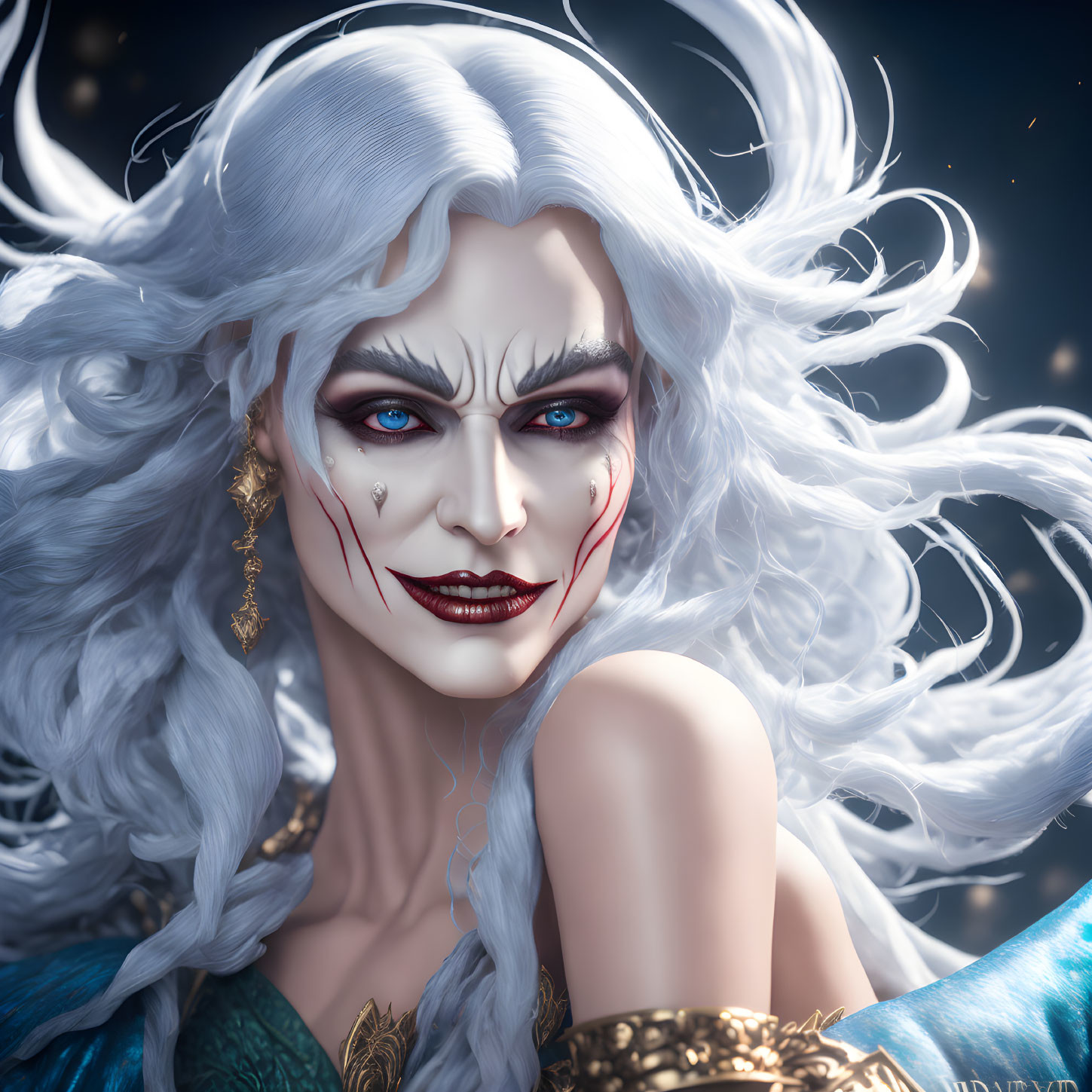 Fantasy female character with white hair and vampiric makeup in starry setting