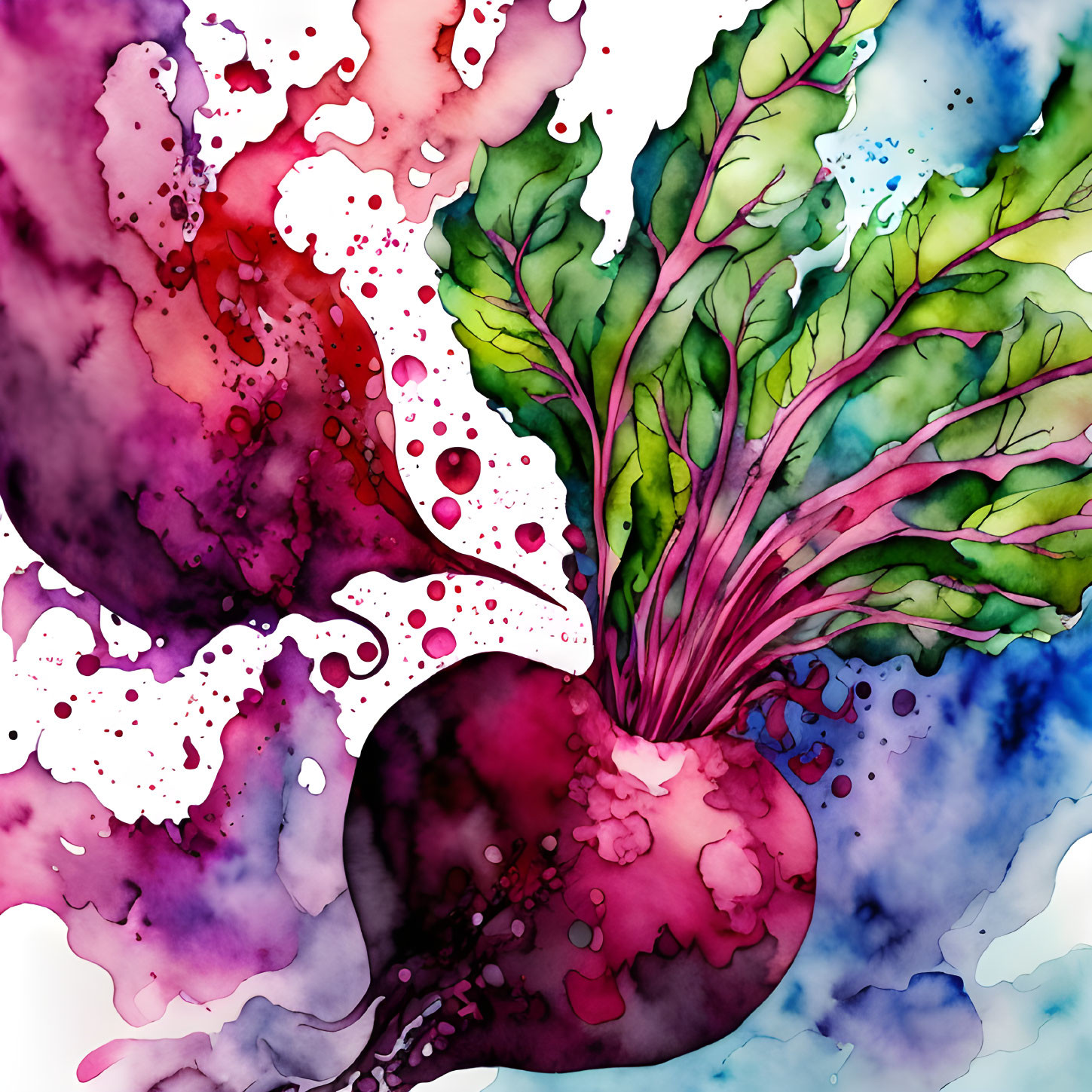 Colorful Watercolor Painting of Beetroot in Abstract Style