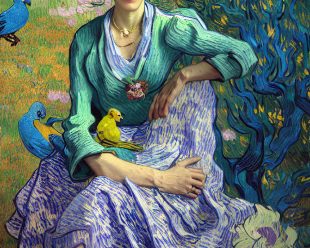 Woman in Blue Dress Surrounded by Colorful Birds in Van Gogh-style Background