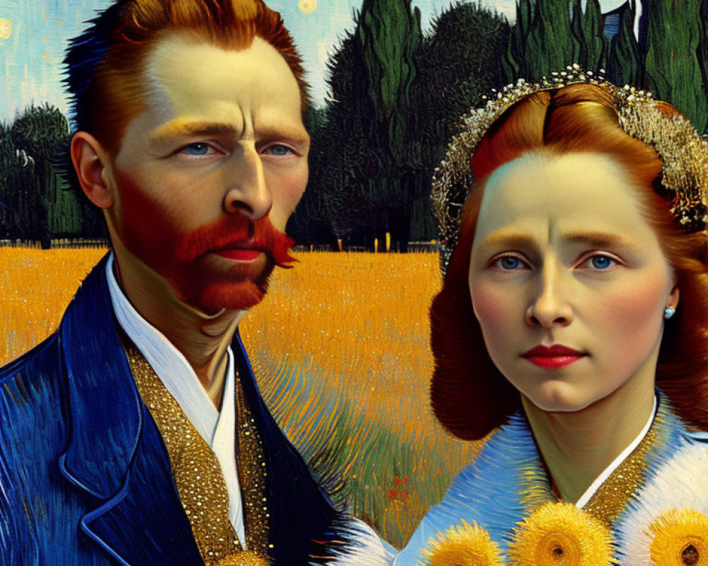 Stylized portrait of man and woman with Van Gogh features in sunflower attire on starry