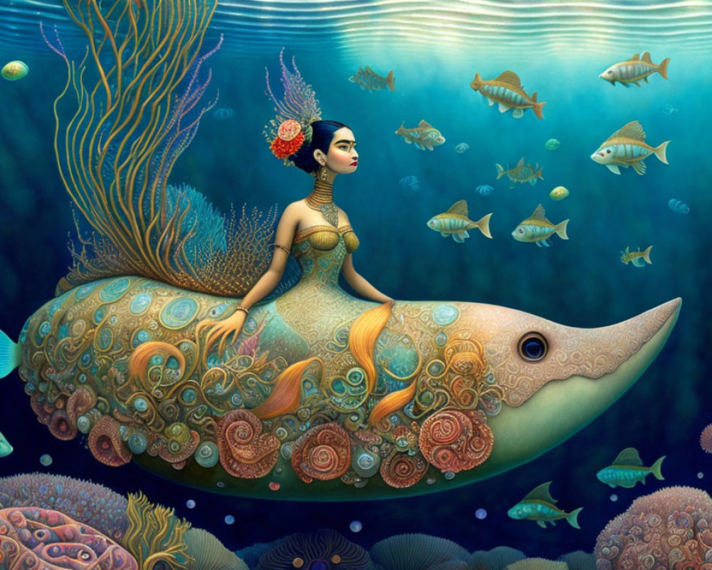 Illustration of woman with intricate headwear on fish in surreal underwater setting