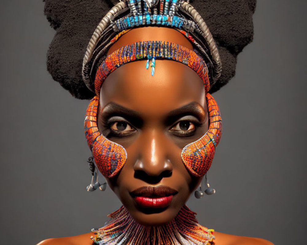 Woman with Striking Makeup, Ornate Jewelry, Traditional Headdress on Gray Background