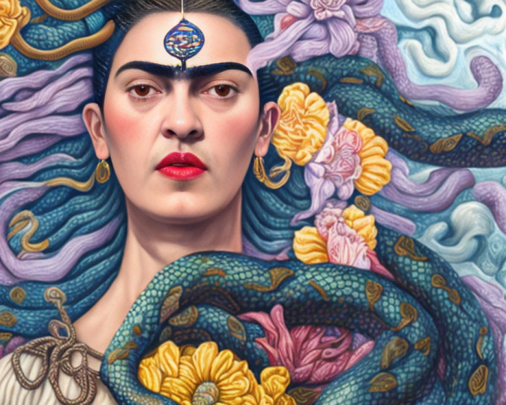 Vibrant portrait of a woman with a unibrow and third eye