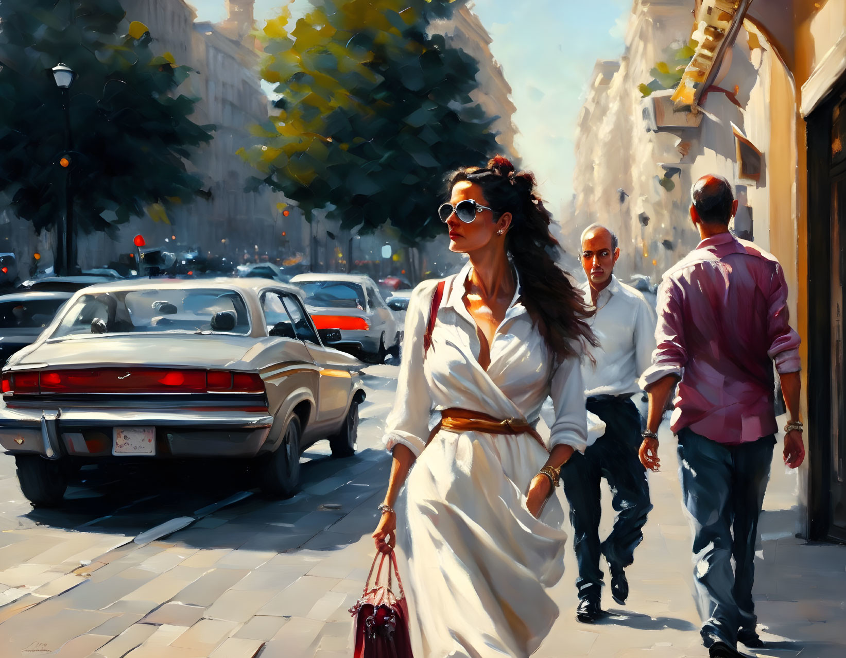 Fashionable woman in white dress and sunglasses walking in city street with vintage cars and two men.