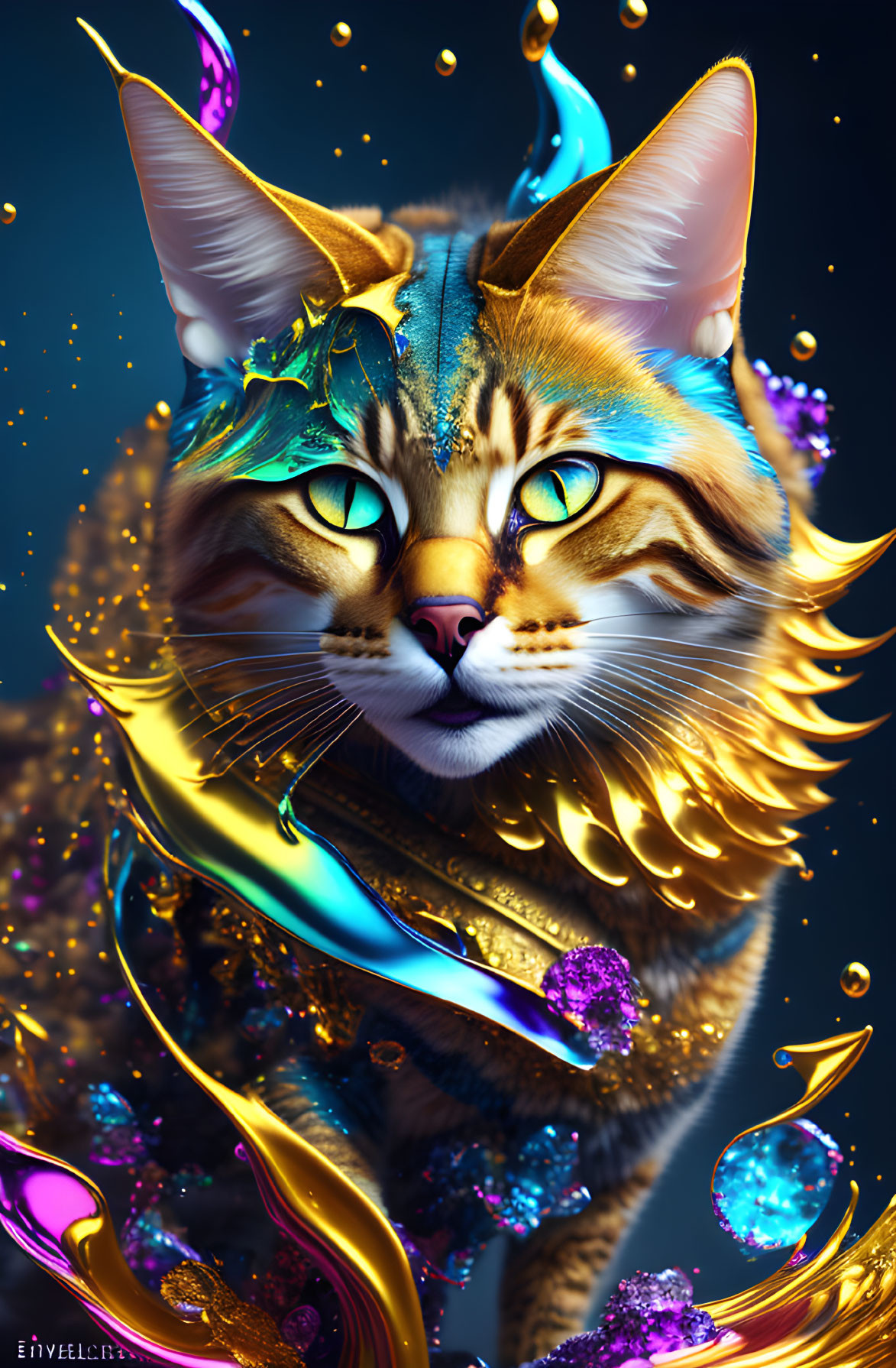 Fantastical cat with blue eyes, golden accents, liquid swirls, and jewels on dark backdrop