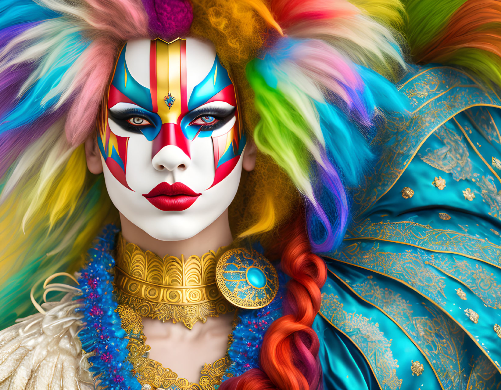 Vibrant portrait of a person with intricate face paint and colorful attire