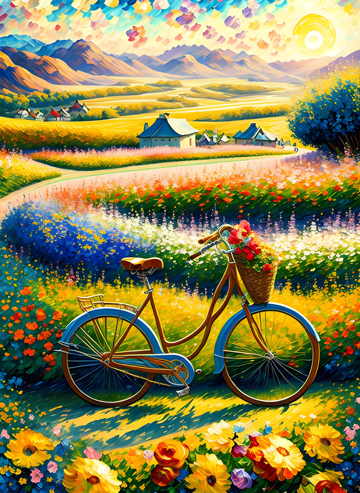 Colorful painting of bicycle in flowery countryside