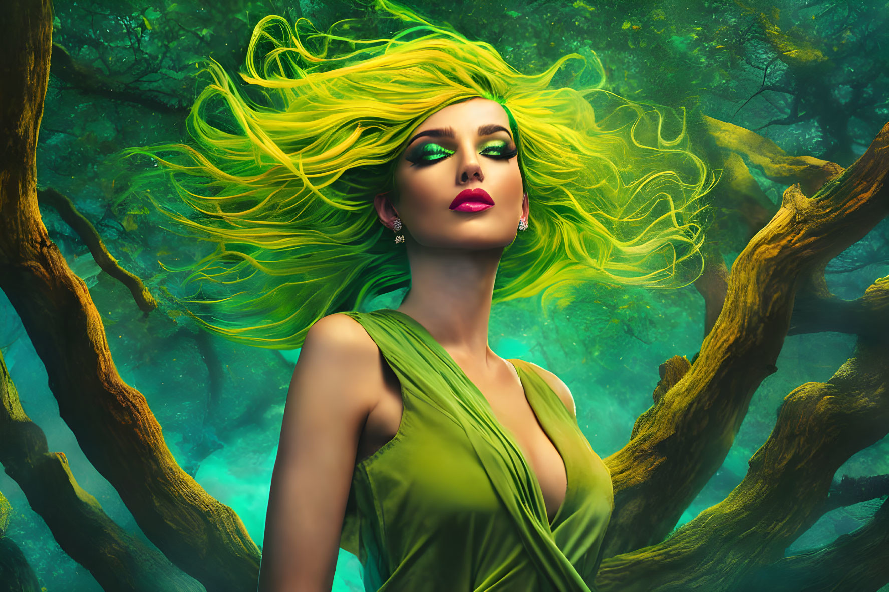 Woman with Vibrant Yellow Hair and Green Eyeshadow Poses in Enchanted Forest