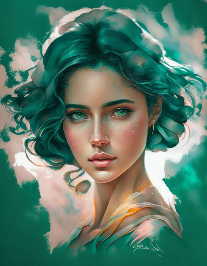 Digital painting of woman with wavy hair, green eyes, and freckles in green and teal