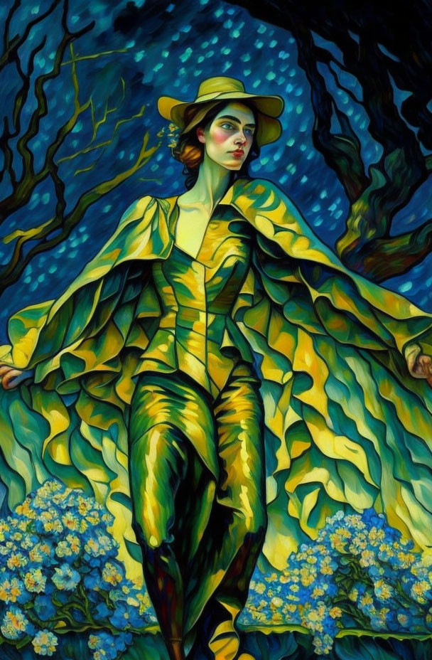 Stylized painting of woman in yellow dress and hat against blue and black backdrop