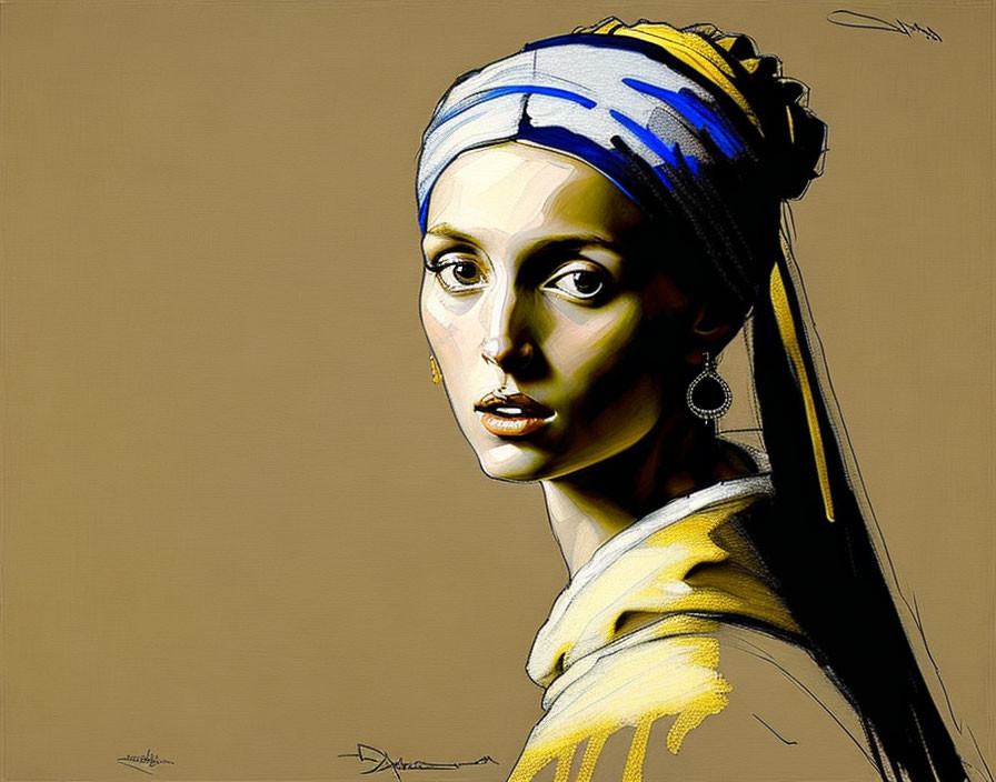 Digital artwork of woman in headscarf & yellow garment reminiscent of famous painting.