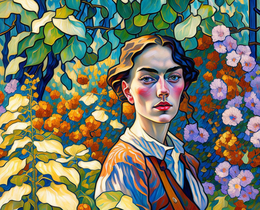 Intense gaze portrait with vibrant foliage and bold outlines